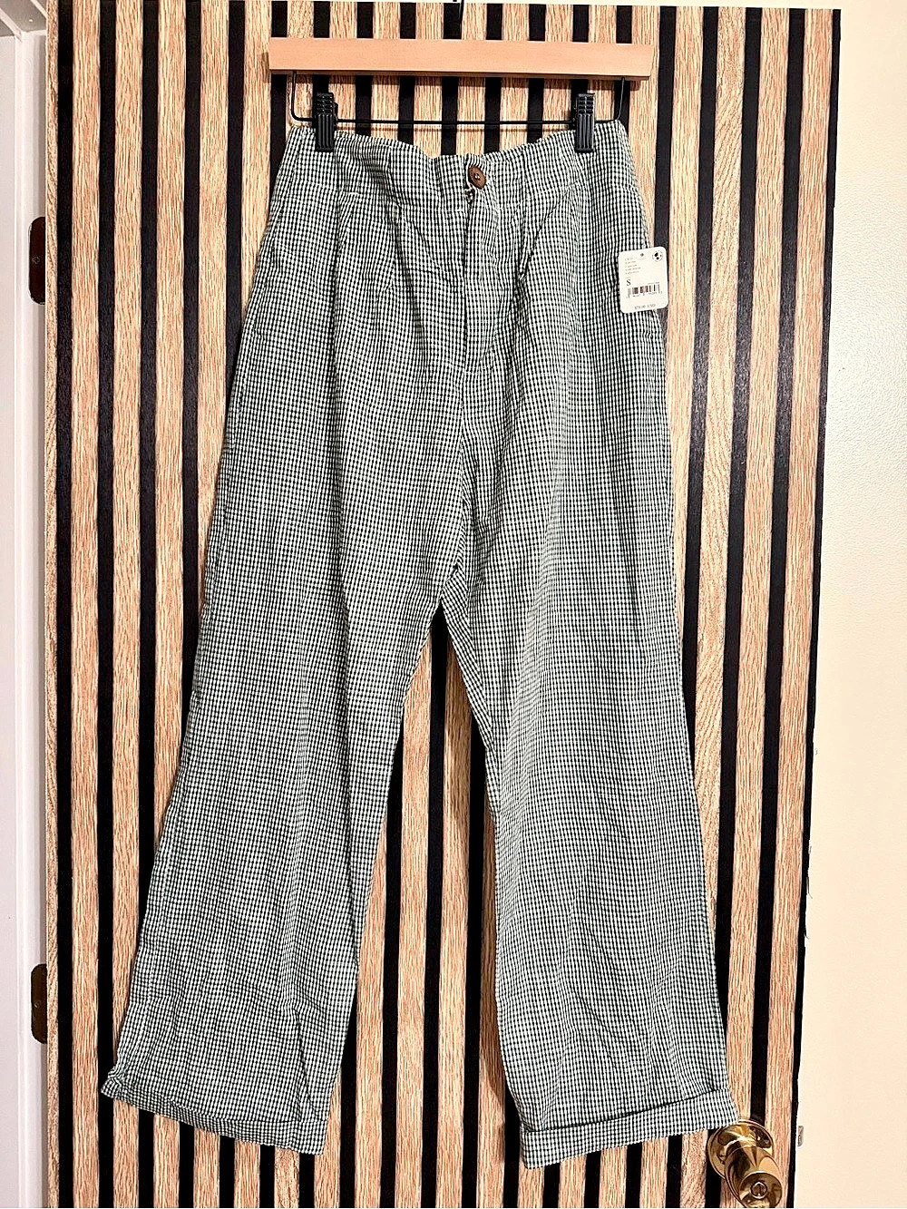Free People Gingham Wide Leg Pants in Green & White Small NWT